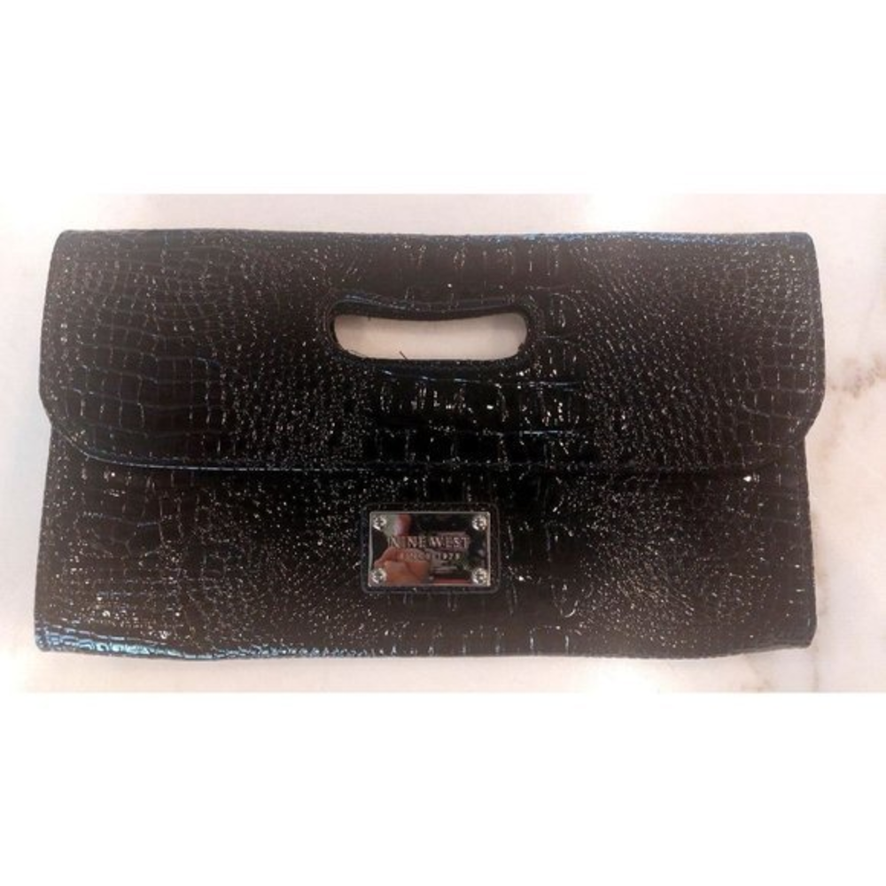 Nine West Black Patent Leather Envelope‎ Style Clutch Black New 12" x 7"